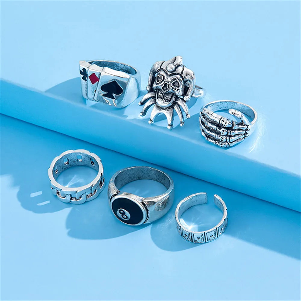 6Pcs Silver Poker Rings