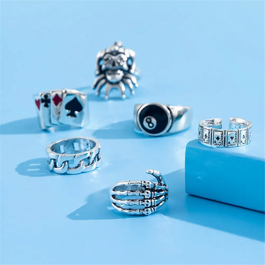 6Pcs Silver Poker Rings